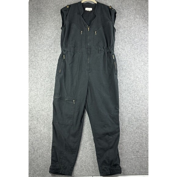 Anthropologie Halsey Utility Jumpsuit Womens L Washed Black Chambray Zip Pockets - Picture 1 of 15
